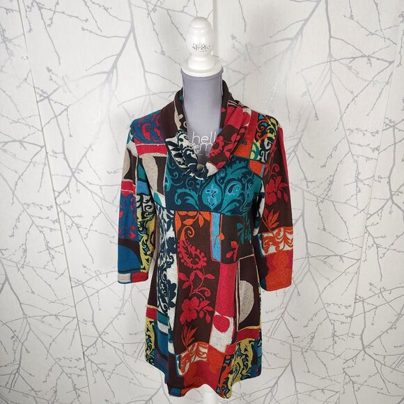 Funsport Colorful Artsy Patchwork Print Stretch Knit Cowl Neck Tunic Dress - Picture 1 of 5